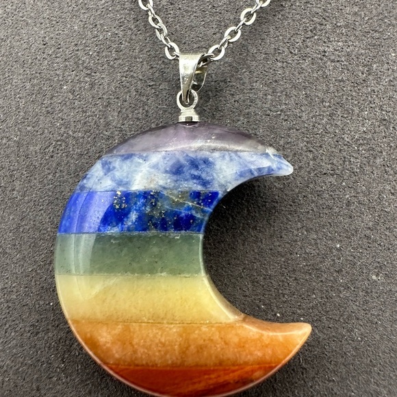 Chakra Moon Pendant Necklace on Silver Copper Chain - Picture 1 of 13